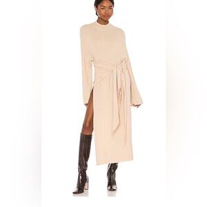 SNDYS tied up ribbed midi dress cream